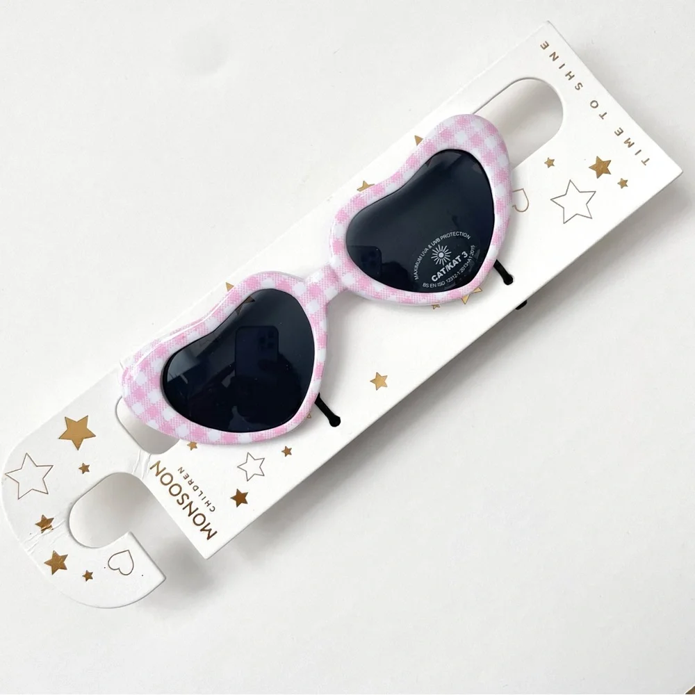 Girls Heart Shape Sunglasses with Pink White Checker Pattern - Ado…
